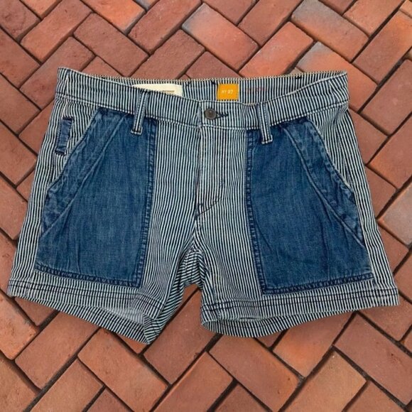 Pilcro No. 27 (32x4") Retro Railroad Stretch Denim Utility Colorblock Shorts - Picture 1 of 6